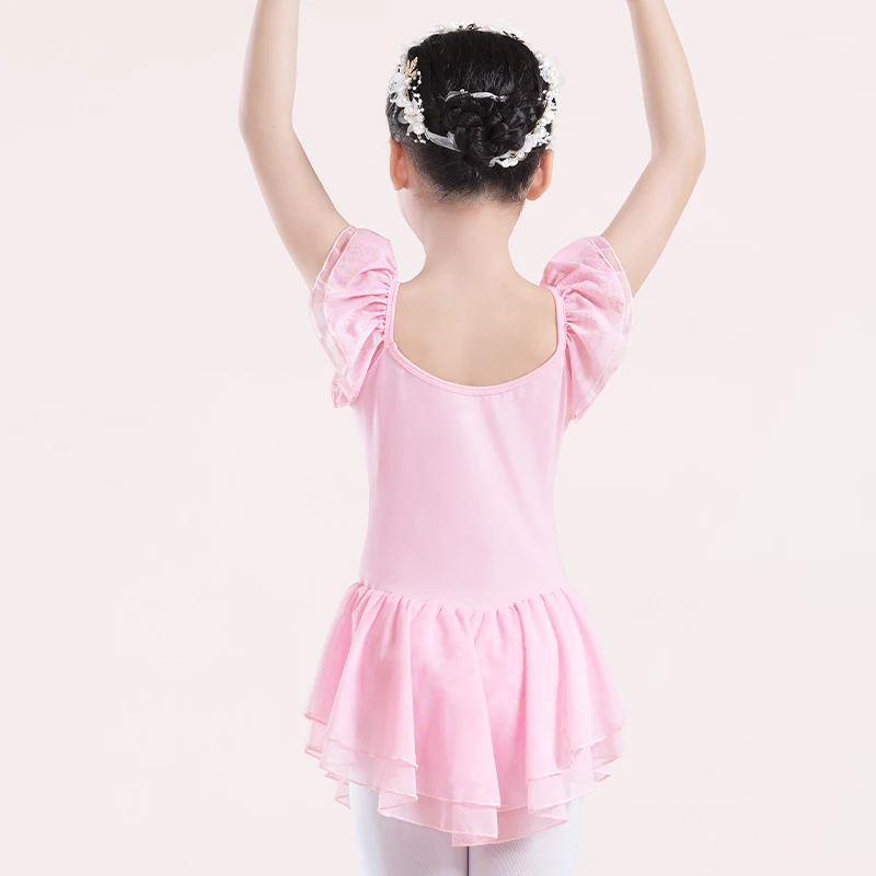 Girls Ballet Leotard with Skirt Short Sleeve Girls Cotton Dance Gymnastics Leotard Kids Ballerina Dance Dress 2 layers Sleeve