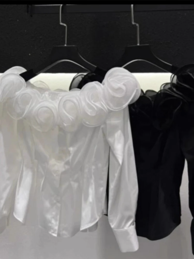 French Retro Three-dimensional Flower Slash Neck Long Sleeve Shirt Girl Spring Fashion Versatile Loose Age-reducing Sweet Top