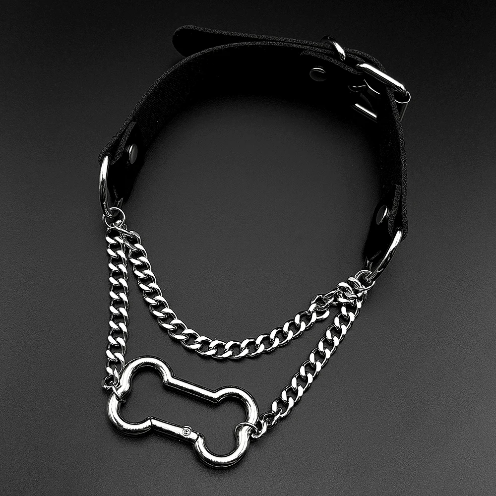 Gothic Bone Carabiner PU Leather Choker Double Silver Color Curb Chain Adjustable Rivet Neck Collar Punk Egirl Street Jewelry