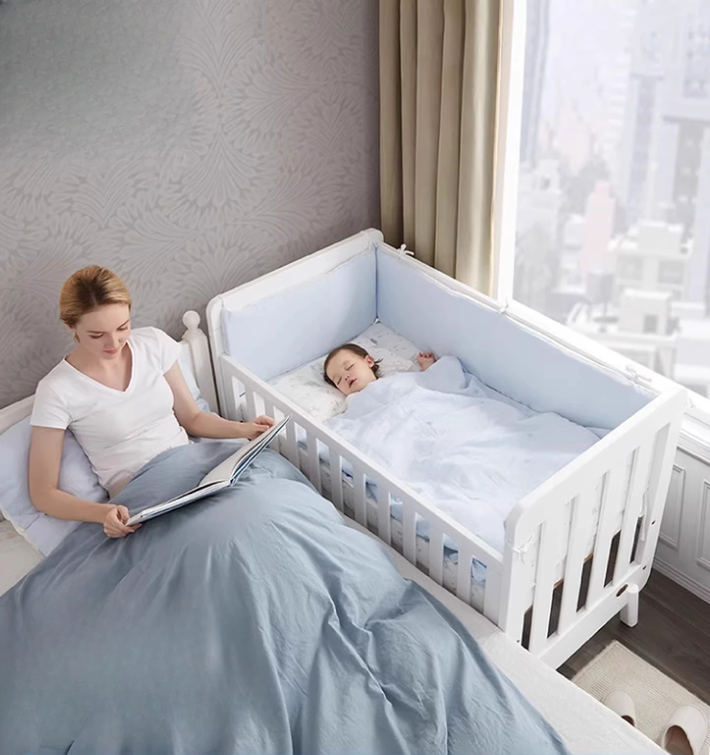 All solid wood newborn crib, multi-functional crib, splicing queen bed adjustable Habao guardrail bed