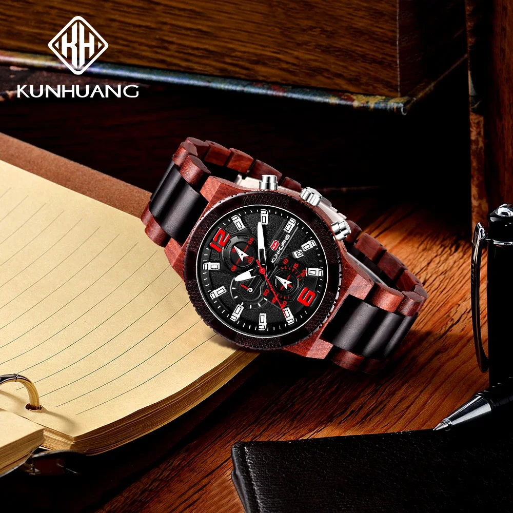 KUNHUANG High Quality Wooden Men Quartz Watch New Luminous Pointer Chronograph Watch Top Luxury Men Wood Watch Relogio Masculino