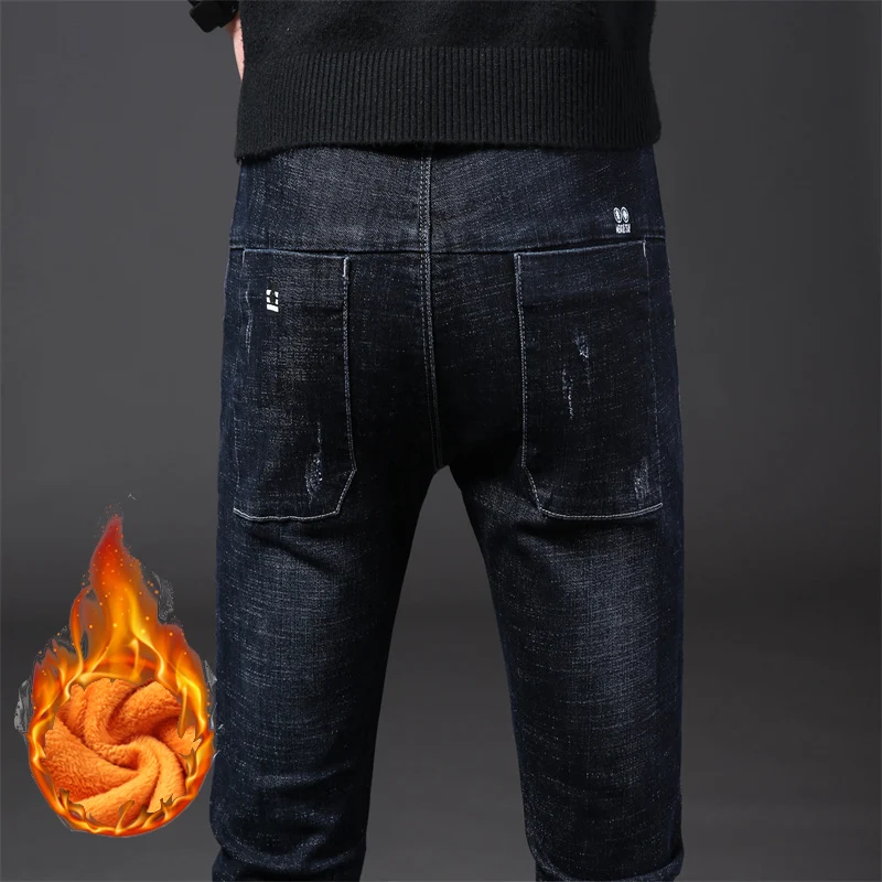 Men's Thermal Jeans Winter Snow Warm Plush Stretch Straight Jeans Man Thicken Fleece Denim Long Pants Dad Casual Loose Trousers