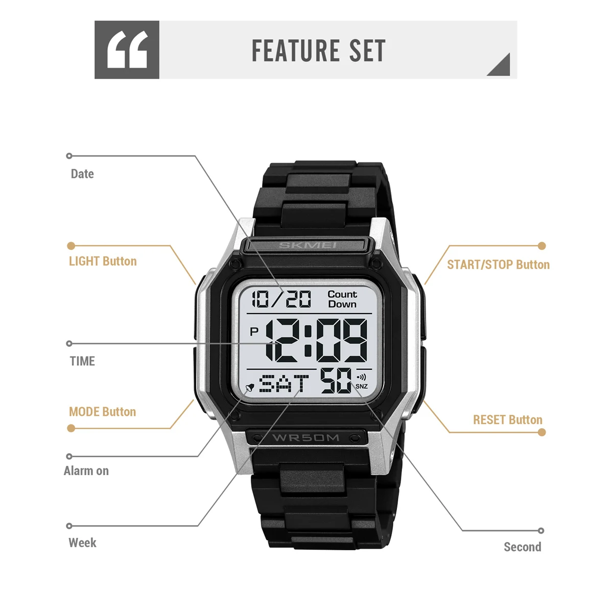 SKMEI Multifunctional Digital Sport Back Light Stopwatch Watches Casual Countdown Wristwatch For Men 5Bar Waterproof Alarm Watch