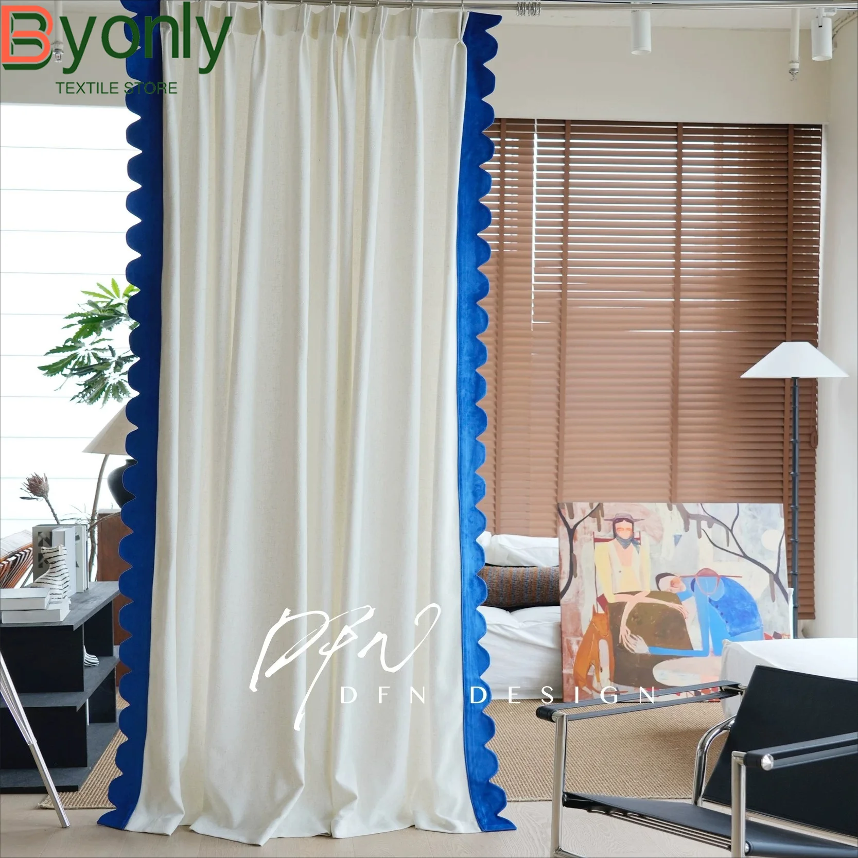 

French Blue Lace Beige Mosaic Curtains for Living Room Bedroom French Window Partition Curtain Customized Finished Products