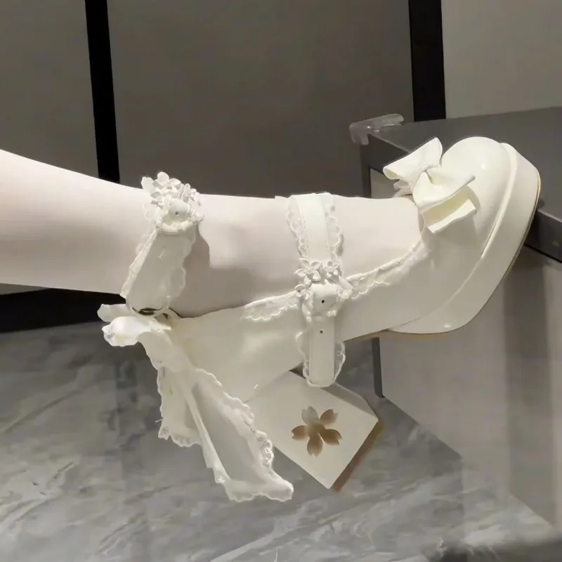 

Pink Cute High Heels Women's 2025 High Quality Coarse Heel Round Head Mary Jane Butterfly Knot Dress Party Women's High Heels