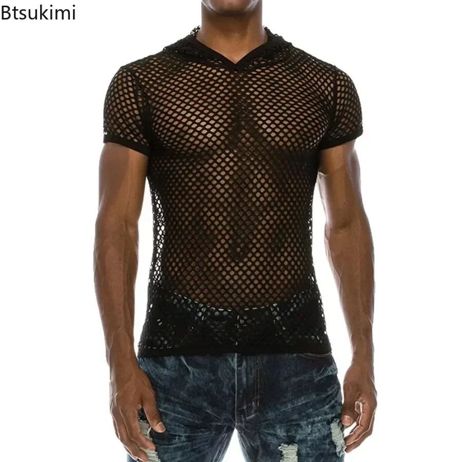 New 2024 Men's Transparent Sexy Mesh T-Shirt See Through Fishnet Short Sleeve Men Muscle Pullovers Dance Perform Top Tees Male