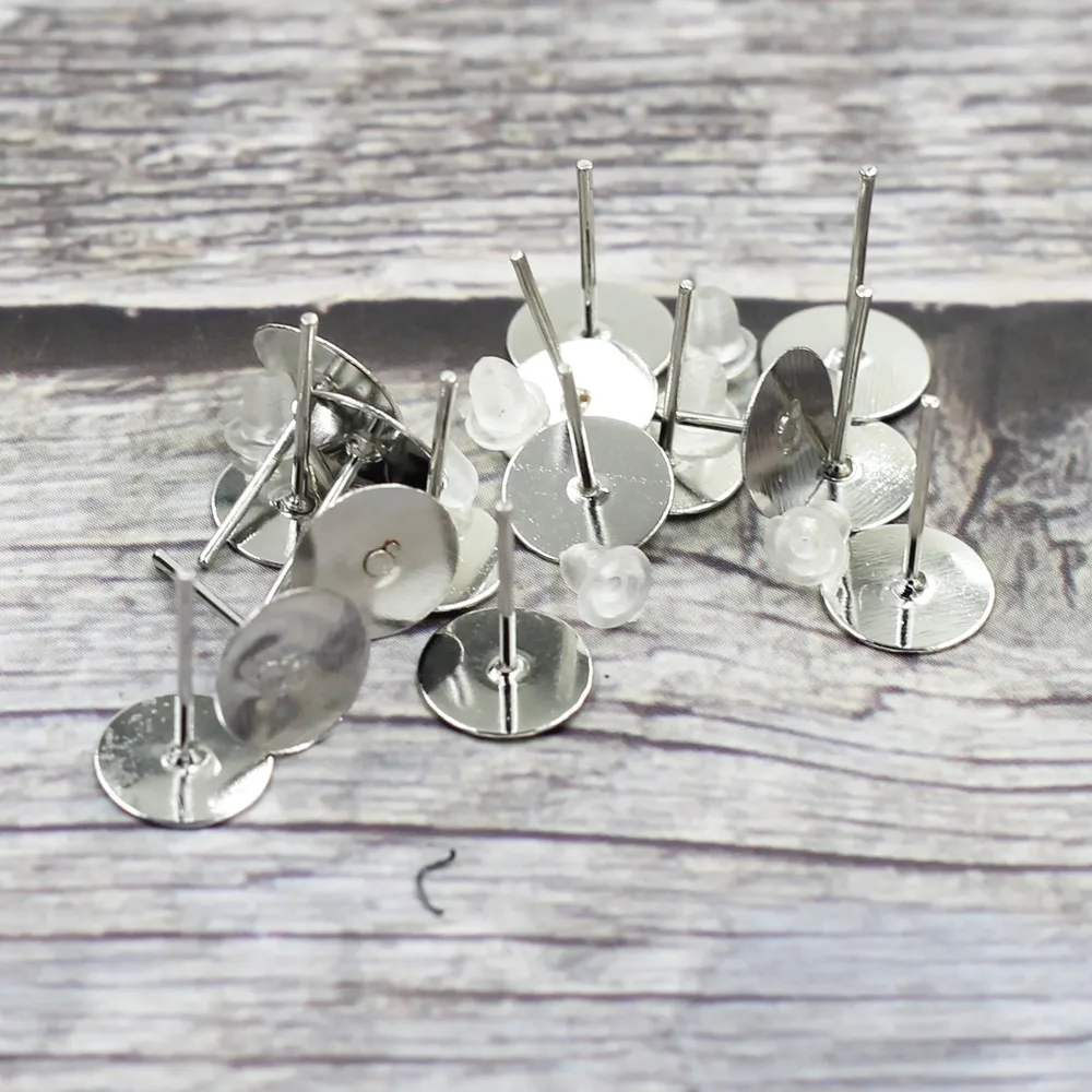 2000Sets Earrings Post With Rubber Stoppers Ear Alloy Glue-on Silver Tone Jewelry DIY Findings 12x8mm