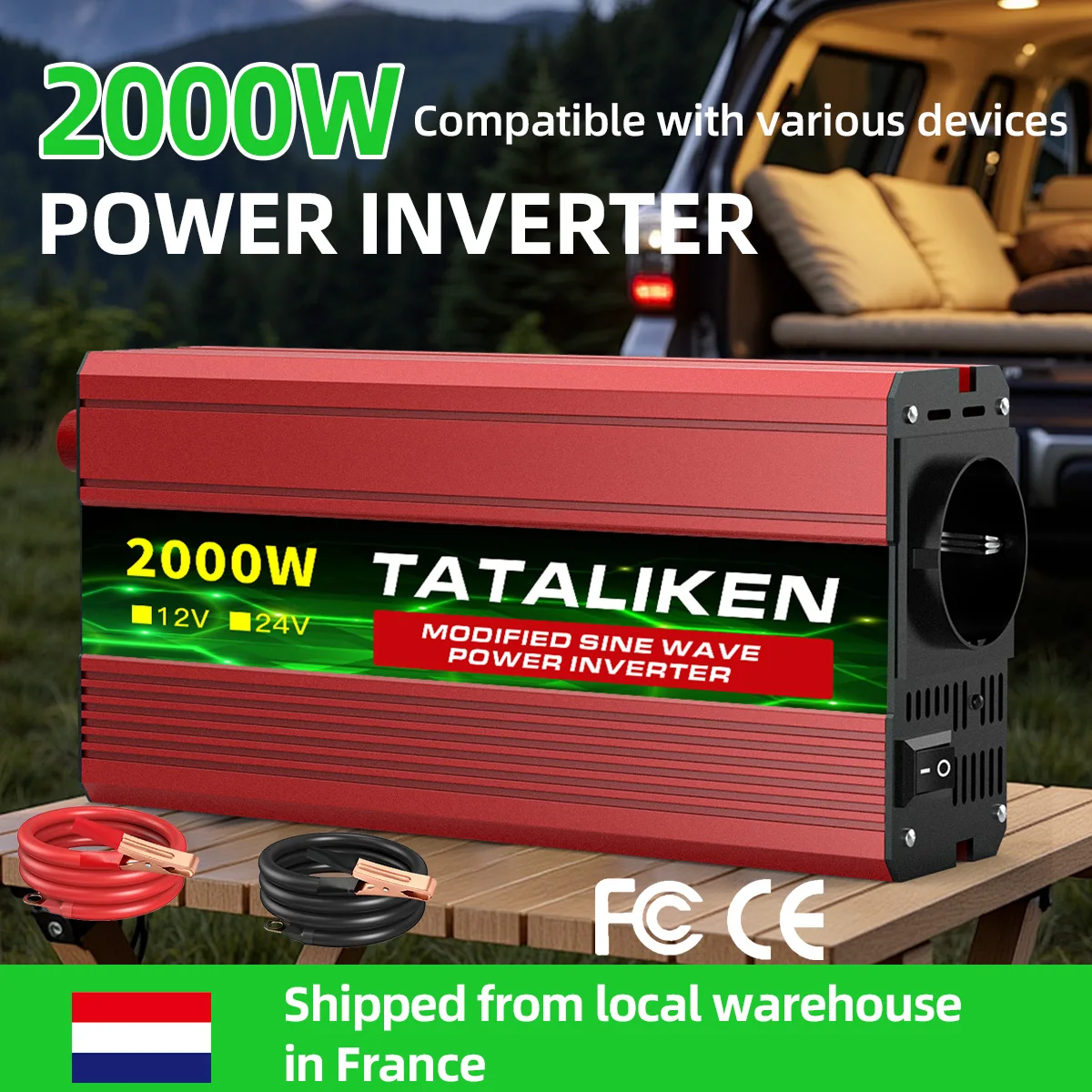 Onduleur de puissance 2000W 12V à 220V, convertisseur de voiture, prise ue pour ventilateur d'ordinateur portable, éclairage de télévision, utilisation du système solaire