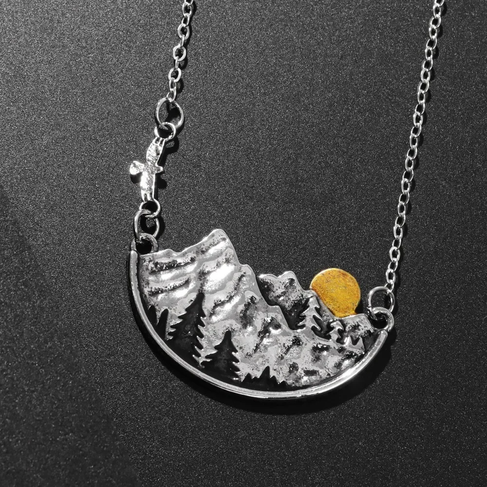 Forest Mountain Range 3D scenery Alloy Pendant Necklace Creative Vintage Women Men Metal Necklace Neck Chain Jewelry Accessory