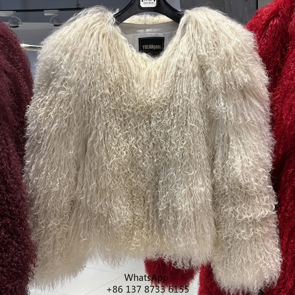 

2025 Winter Fashion Fluffy Beige Mongolian Fur Coats Sheep Fur Coats For Ladies Lamb Fur Coat Natural