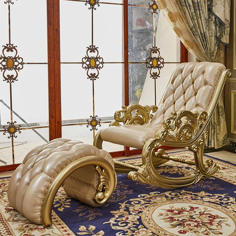 

European leather rocking chair solid wood sofa household champagne French high-end luxury American small apartment living