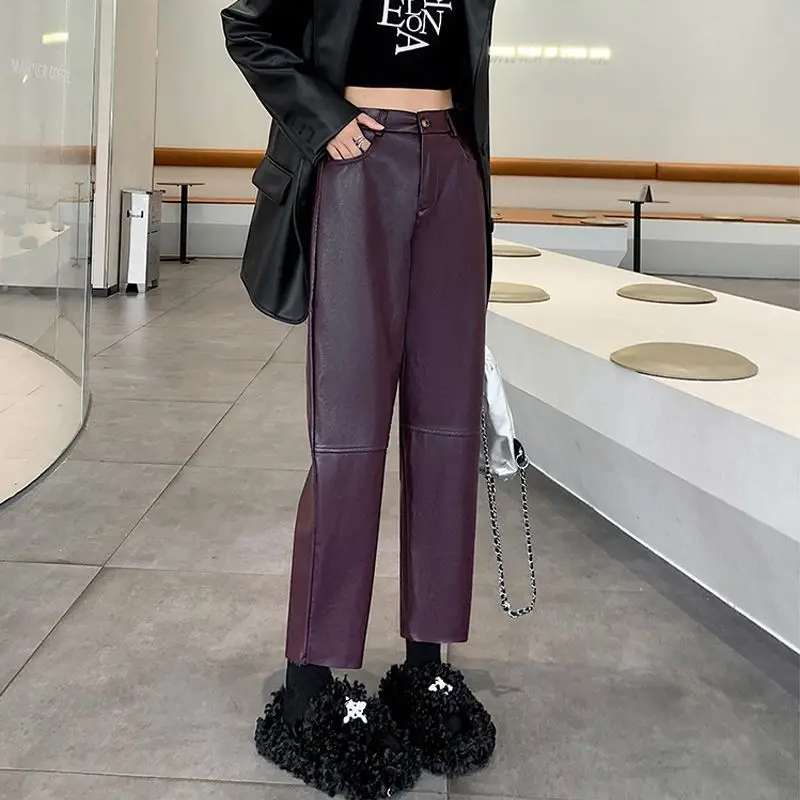 Pantaloni a vita alta in pelle PU da donna autunno inverno nuovo stile casual dritto TT911