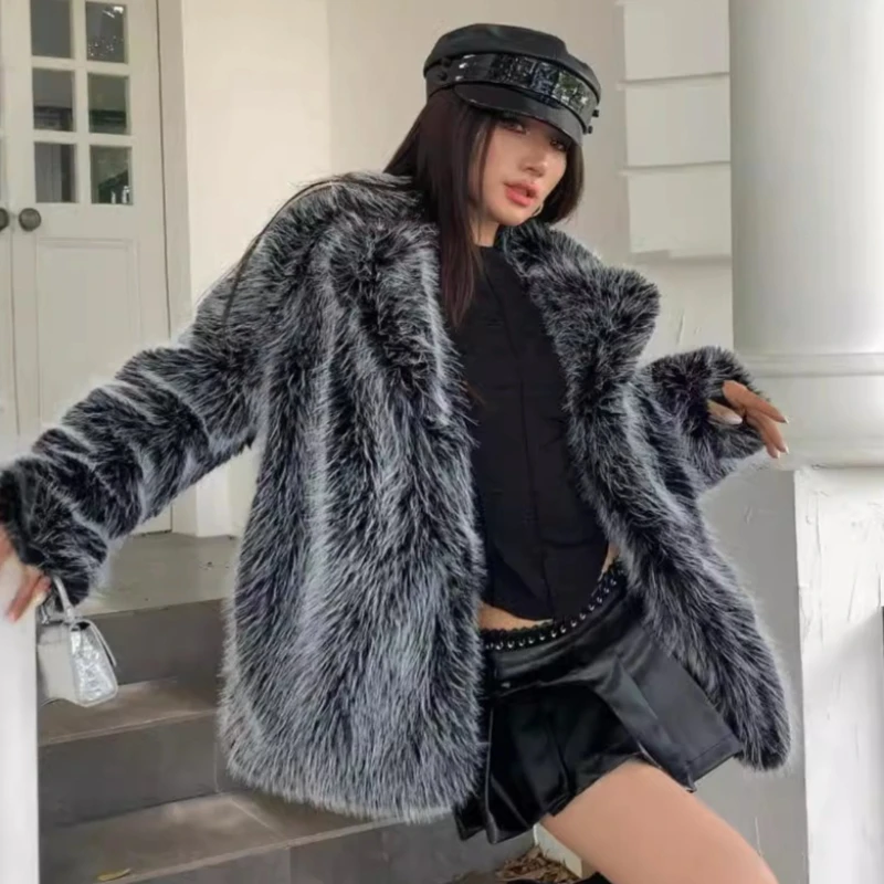 

Faux Fox Fur Coats Women Solid Mid Length Fur Jackets Turn Down Collar Long Sleeves Open Stitch Loose Casual 2025 Autumn Winter