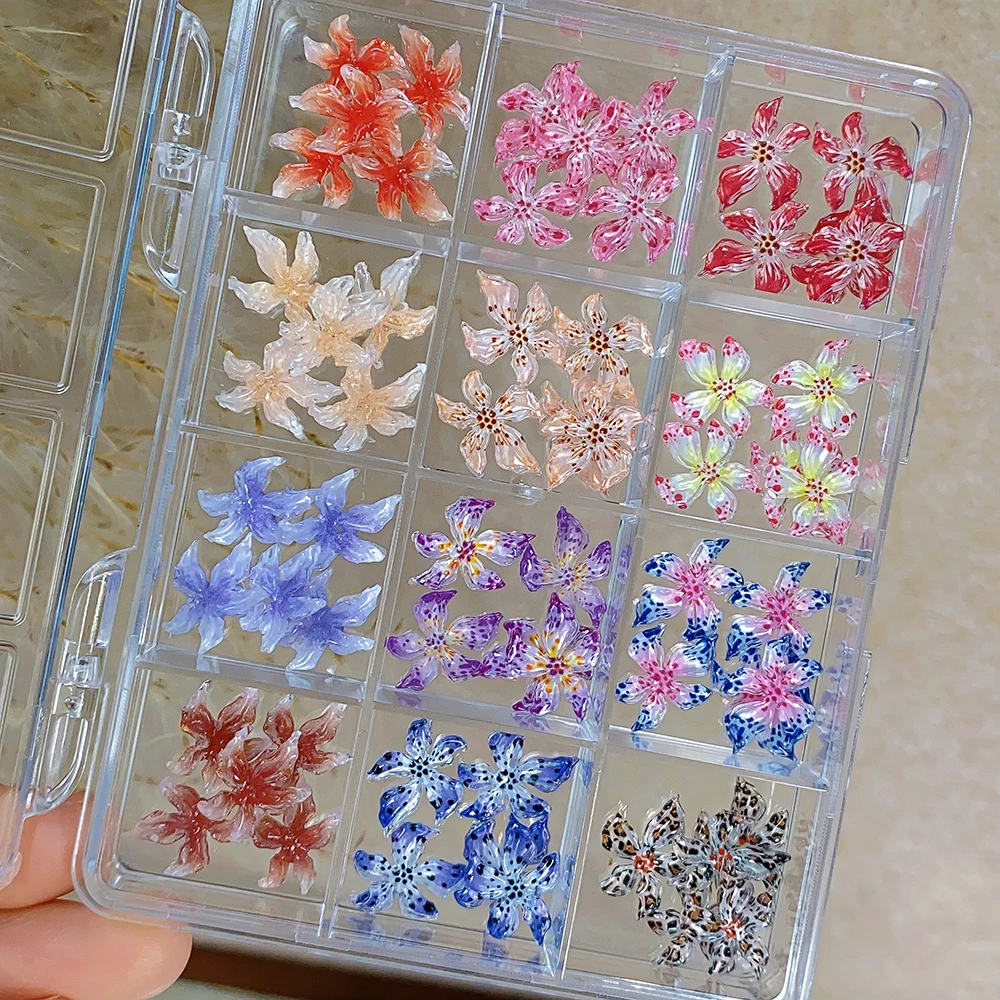 60pcs/Box 3D Ice Crystal Flower Design with Leopard Print Nail Art Charms Lily Flower Nail Art Decor Acrylic Floral DIY Manicure