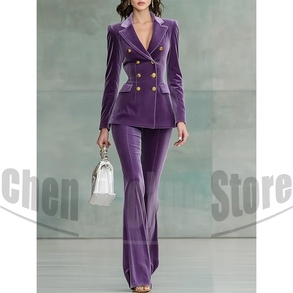 

Women's Velvet Double Breasted Suit Set Elegant Notch Lapel Slim Outfit Chic Evening Party Prom Daily Casual Pants Suits 2 Piece