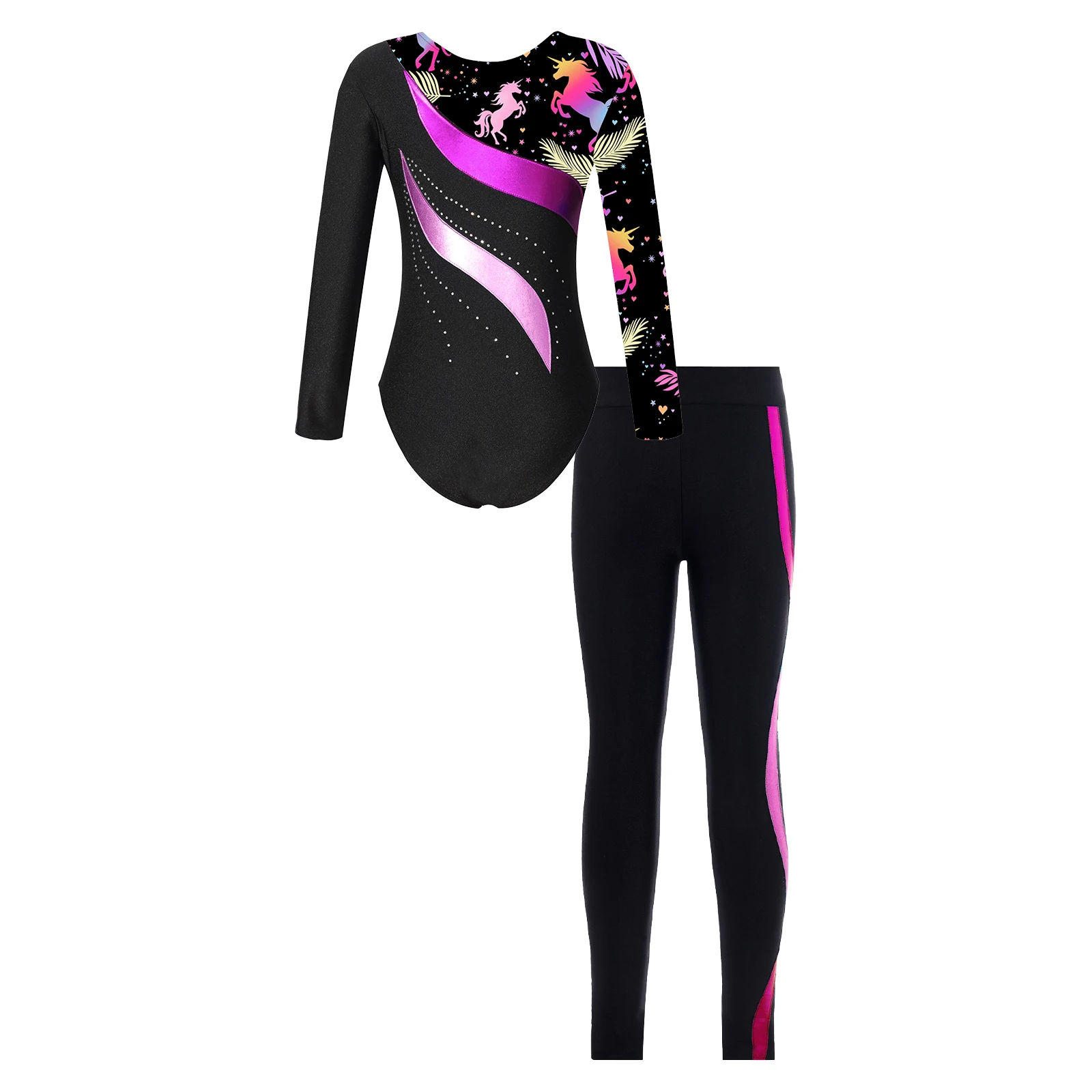 teen Girl Ballet dance leotard Long Sleeve Shiny Rhinestone Gymnastics bodysuit with Leggings Skating Acrobatics Yoga Sports Set