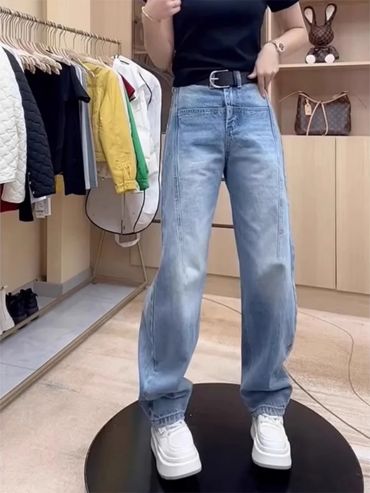 Pantalones vaqueros ajustados de pierna recta para mujer, pantalones informales cómodos con cierre de botón de cintura alta, elásticos, sin hierro, coreanos