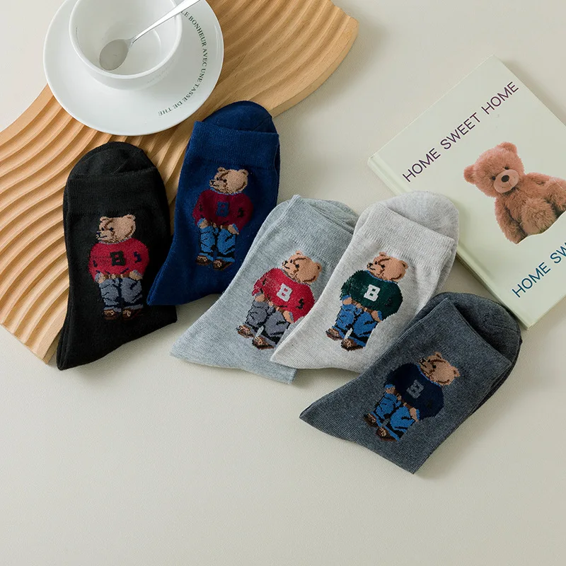 5 Pairs Cartoon Bear Socks for Men Cotton Comfortable Harajuku Skateboard Animal Sock Novelty Breathable Bear Sock Sox Christmas