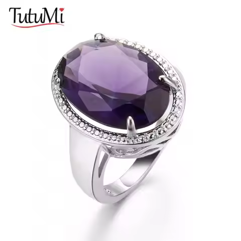 Women's Jewelry S925 Silver Ring Amethyst Ring Exaggerated Egg Shaped Female Ring for Women Wedding Party Gifts