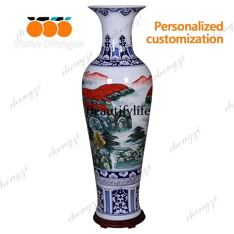 D183 Ceramic hand-painted lucky luck is at hand, blue and white floor-to-ceiling vase, Chinese living room decorative ornament