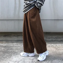 Men Corduroy Loose Pants Japanese Vintage Style Streetwear Male Spring Autumn Drawstring Waist Pants Handsome Straight Pants