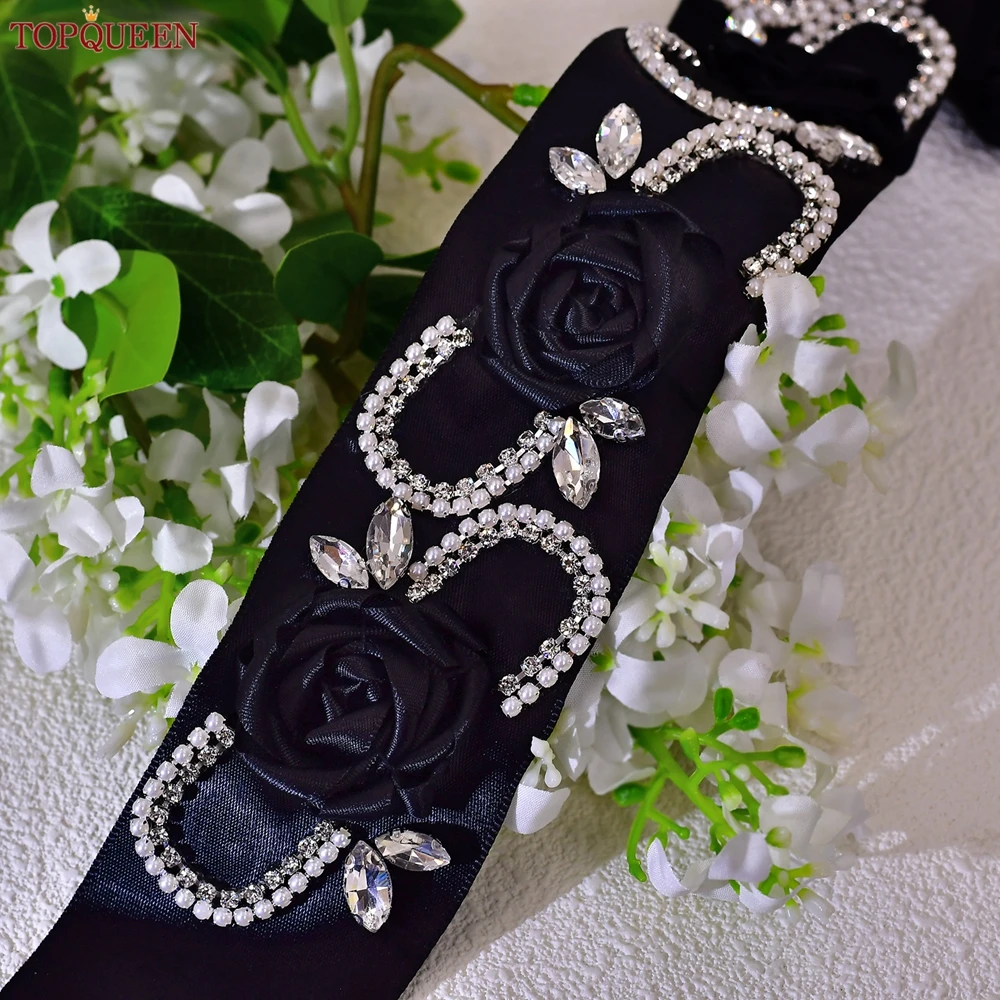 Topqueen cinto de cetim preto de 5cm de largura para mulheres, acessórios de casamento, camisa de roupa de festa com strass de halloween s286