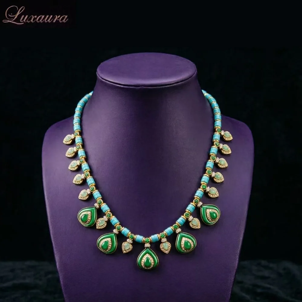 

Vintage jewelry featuring a fashionable and classic green geometric necklace design paired with Bohemian style women's necklace