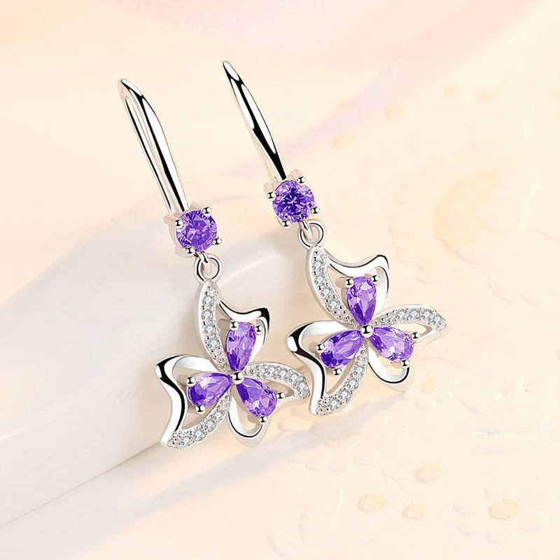 925 Sterling Silver Female Wedding Jewelry Luxury Crystal Flower Drop Earrings For Women