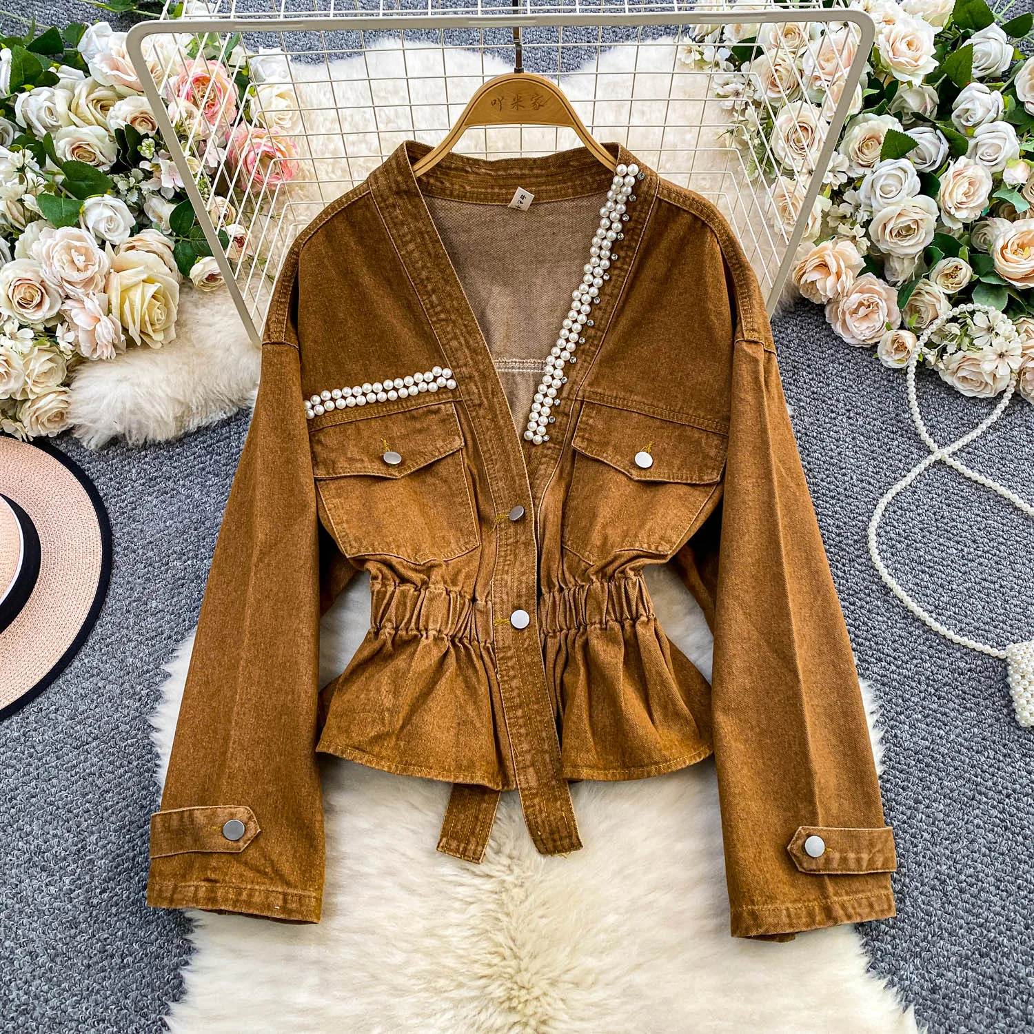 Moda miçangas diamantes marrom denim casaco feminino com decote em v cintura fina design feminino topos jaqueta feminina primavera outono outerwears