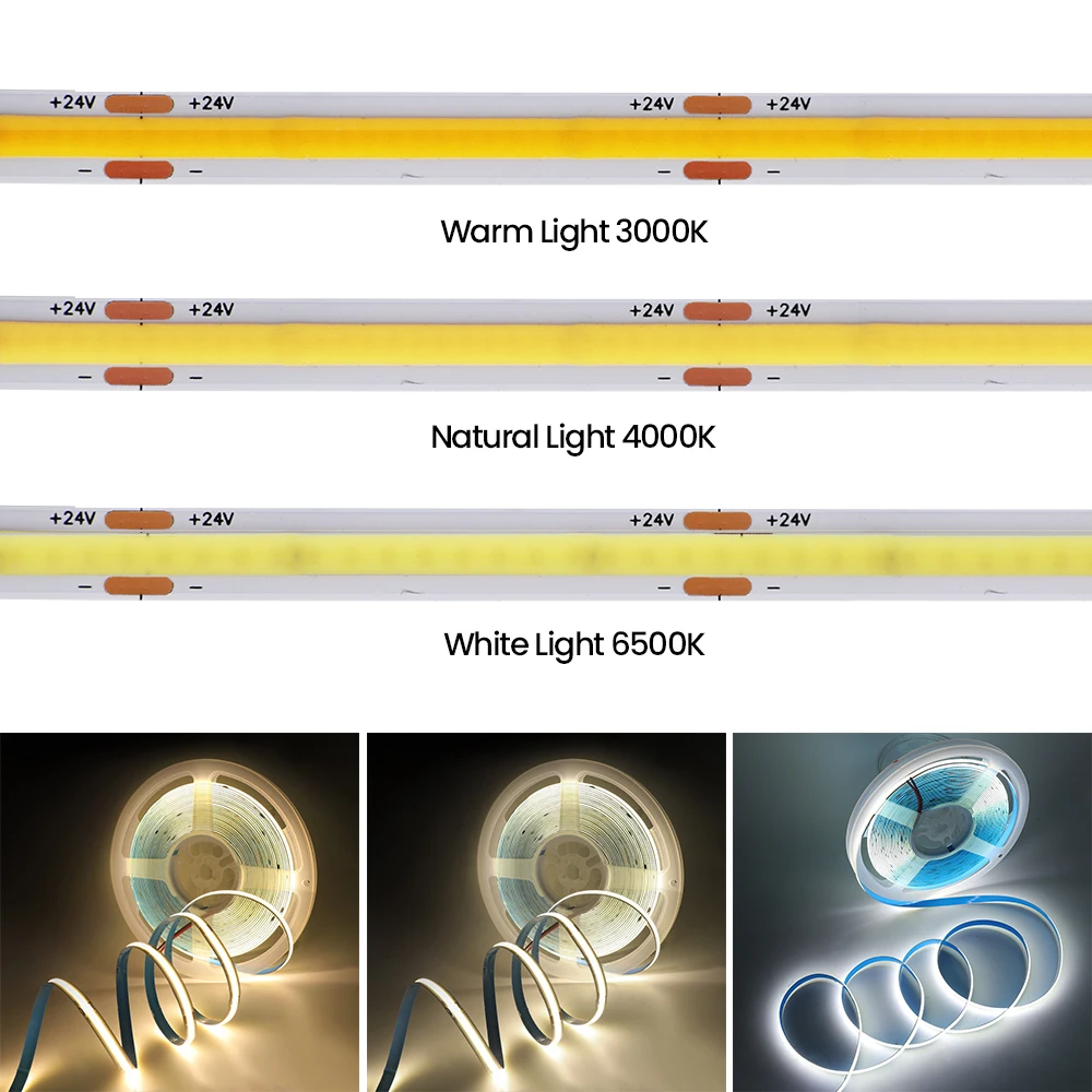 Bande lumineuse flexible à LED COB, 12V/24V DC, 8mm PCB, 320 gible/m, 0.5m- 5m, blanc chaud naturel, linéaire à intensité variable, nouveau