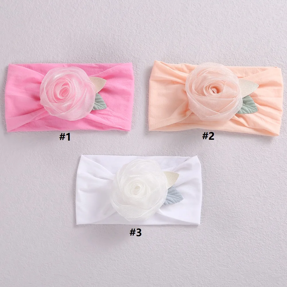 Fashion Lace Flower Baby Girls Headband Knit Nylon Hairband Kids Rose Headwear Newborn Hair Accessories Holiday Gift Photo Props