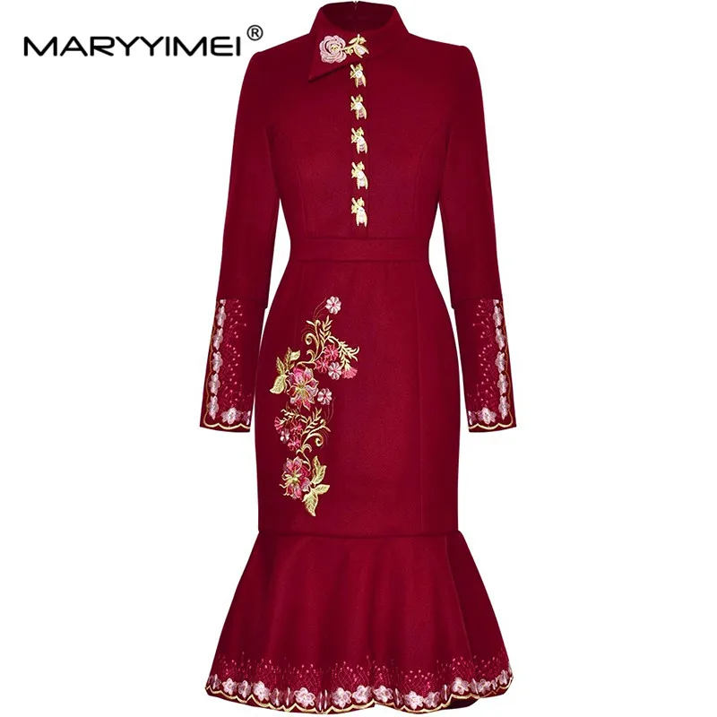 

MARYYIMEI Fashion Runway Autumn and Winter Long Sleeve Dress Stand Collar Vintage Embroidery High waist Design Mermaid Dresses