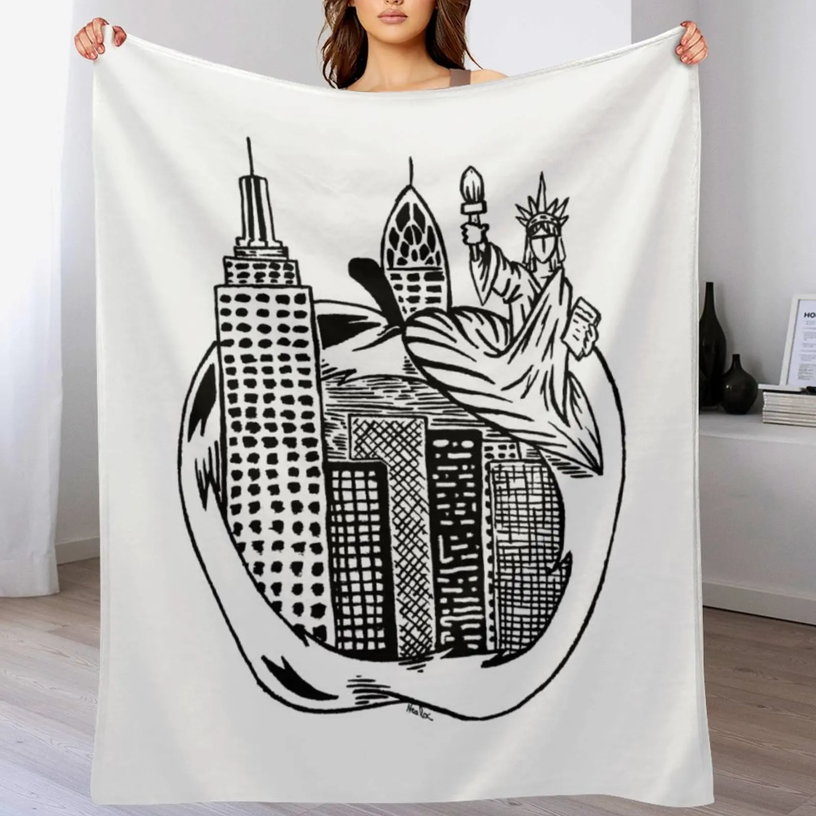 

Big White Apple Traced Black Throw Blanket warm for winter Personalized Gift Blankets