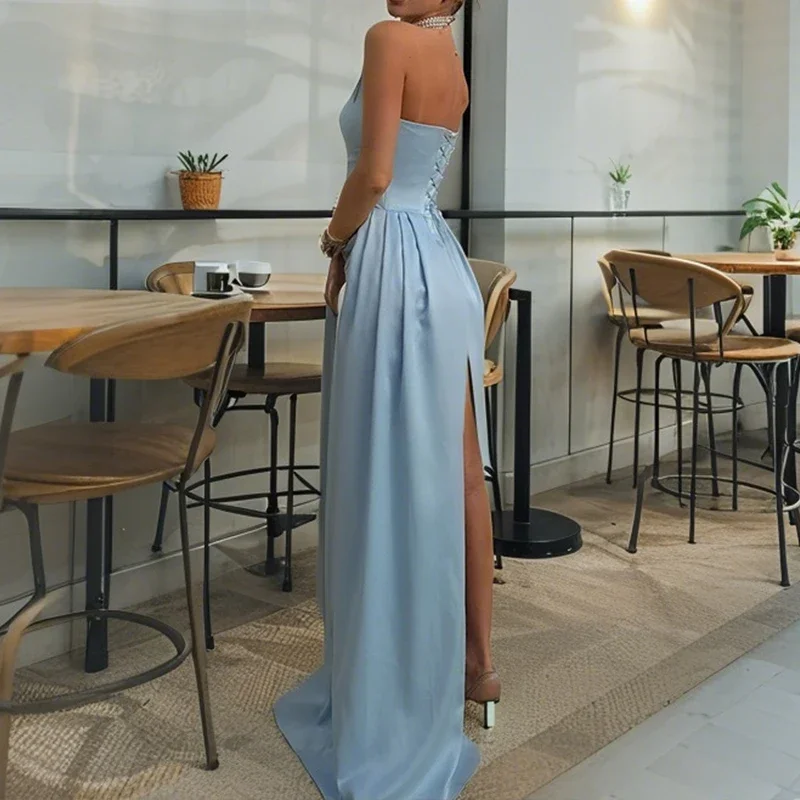 

Sexy Chest Wrapping Pleat Ribbon Dresses Women Elegant Solid Color Evening Party Dress Chic Peal Decoration Bandage Short Dress