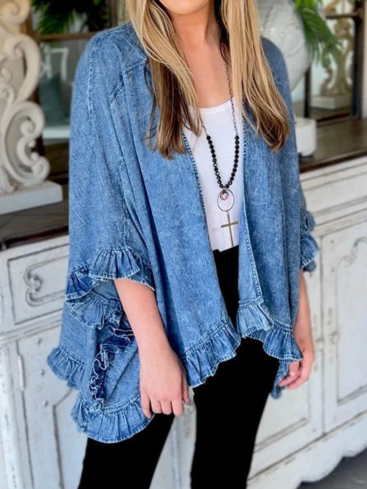 Fashionable Women's Blue Denim Cardigan Open Front Distressed Ruffle Long Sleeve Jean Jackets Coat Outerwear 2024 Fall Clothes