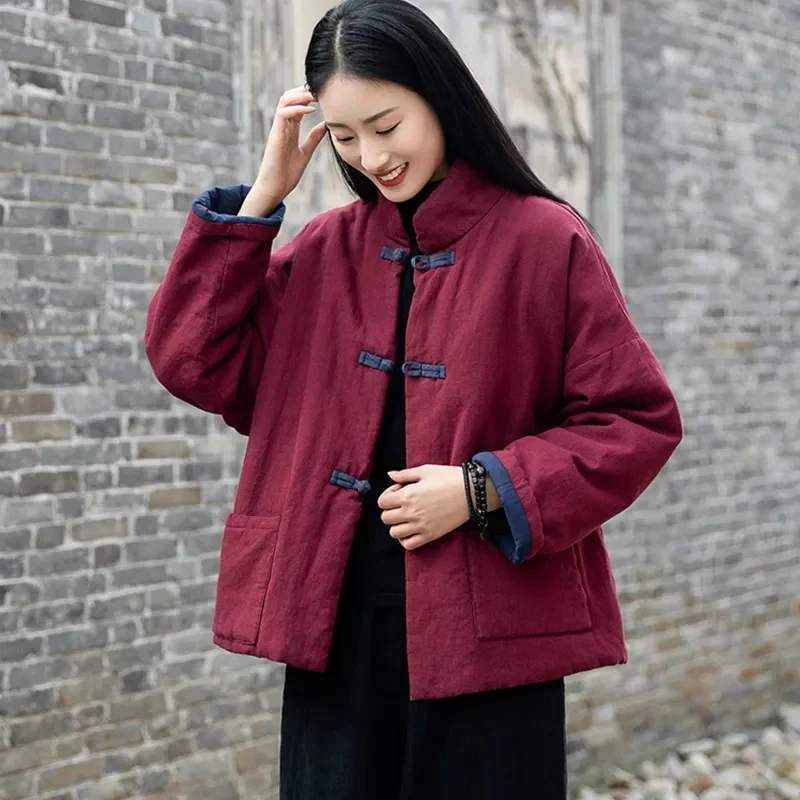 Autumn Winter Cotton Jacket 2024 New Chinoiserie Coil Buckle Women's Clothes Coat Solid Colour Fashion Loose Outeawer Female