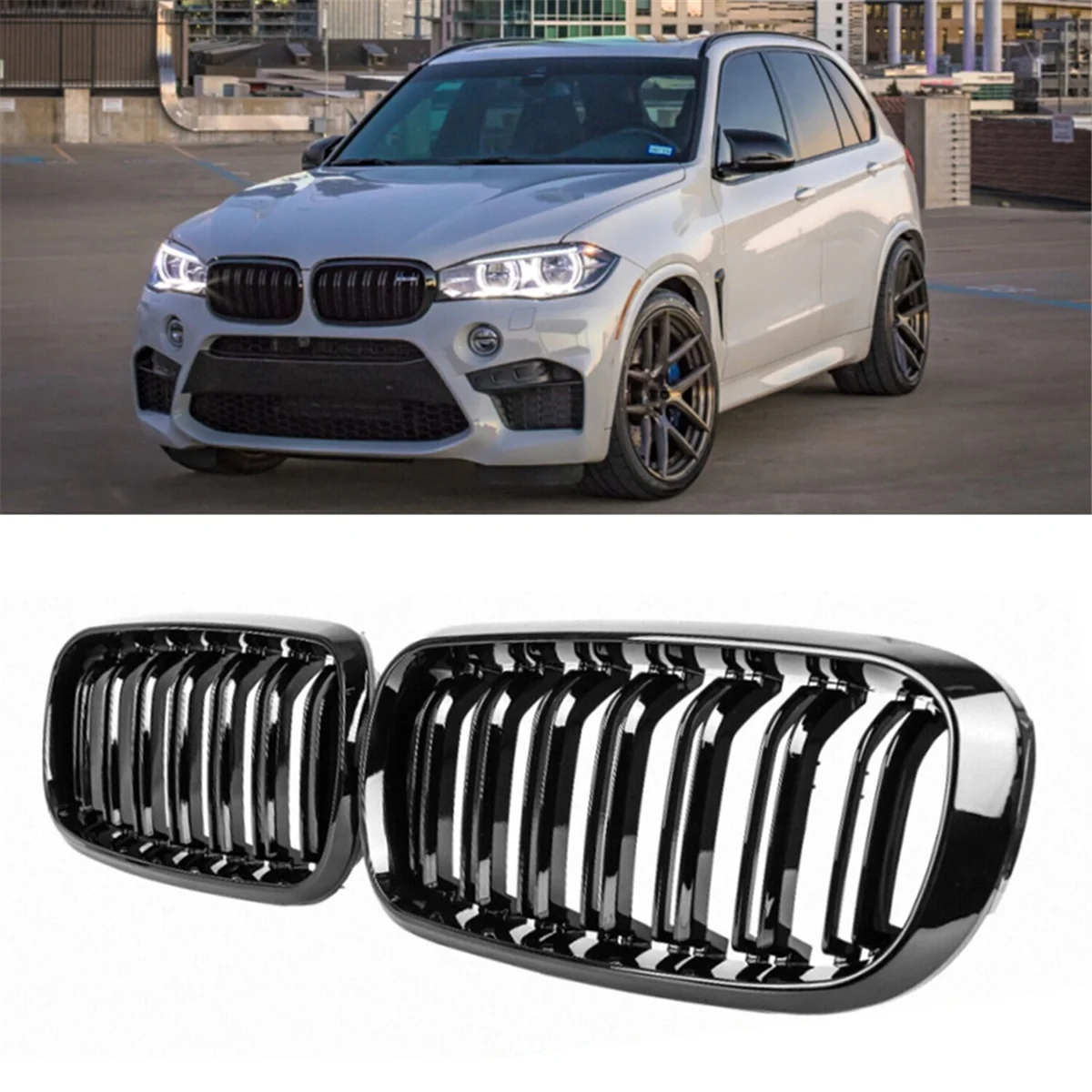 

A02Q-For BMW F15 F16 X5 X6 F85 F86 2014-2018 Front Bumper Kidney Racing Grille Glossy Black Car Double Slat Grill