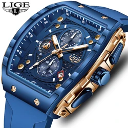 Men Watches LIGE Top Brand Luxury Square Silicone Watch For Men Fashion Military Quartz Waterproof Chronograph Relogio Masculino