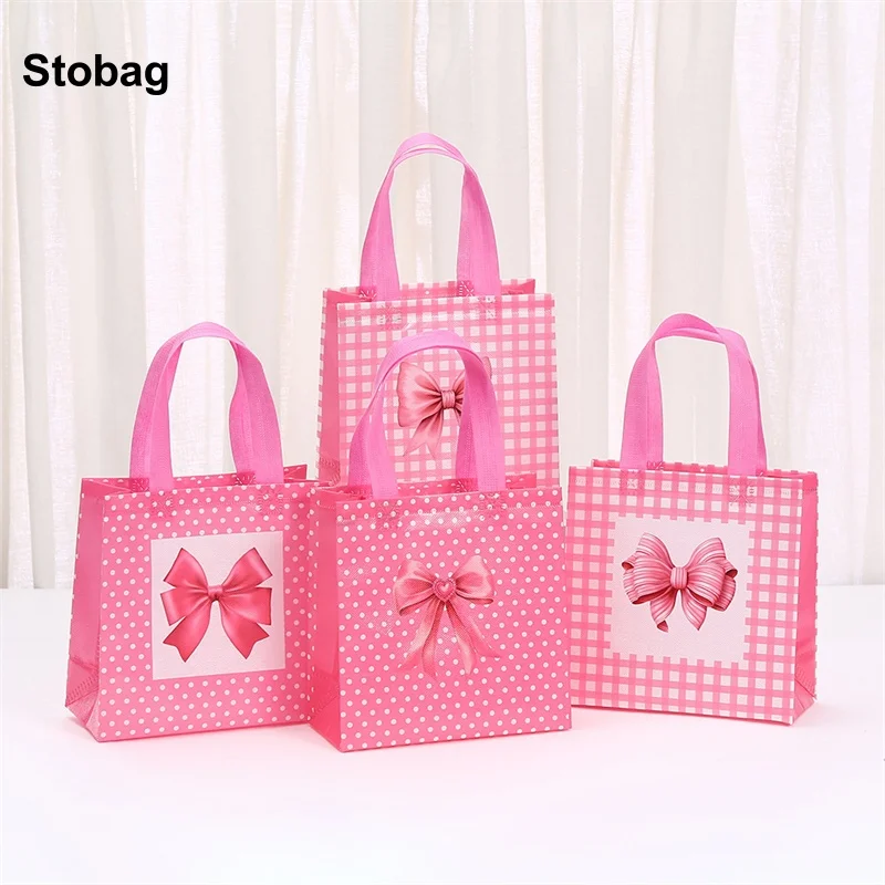 

StoBag 8/20pcs Cartoon Pink Bow Non-woven Tote Bags Girl Kids Gift Package Fabric Waterproof Storage Reusable Pouches Party