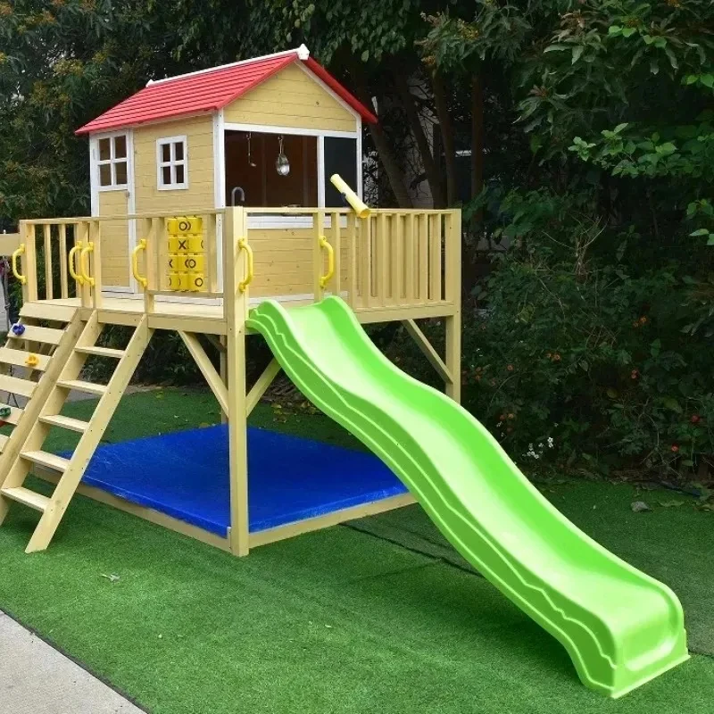 Wooden Swing Set Wall Slide, Amusement Park Kids Playhouse with Stairs, Climbing Fram, Swings