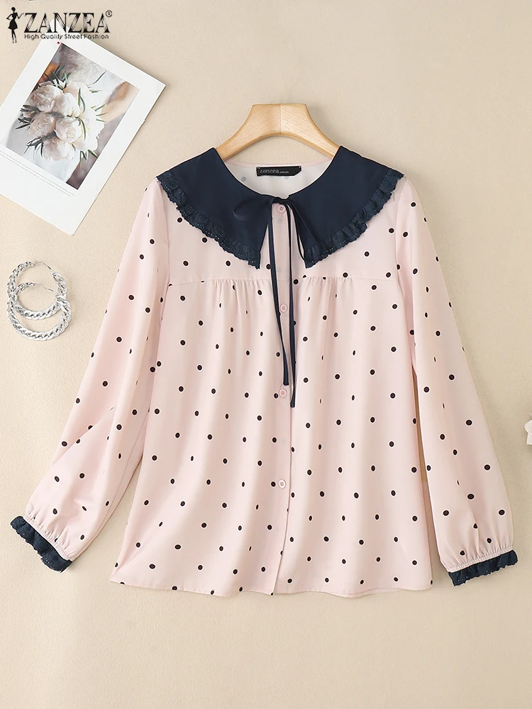 ZANZEA Moda Polka Dots Camicie Donna Colletto alla Peter Pan Bottoni Coreano Dolce Camicetta Elegante Office Lady Manica lunga Top Casual