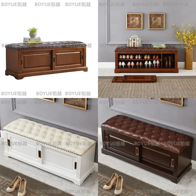 Solid Wood Shoe Bench with Leather Cushion Entryway Storage Stool for Hallway Home Organization Soft Padded Seating Furniture