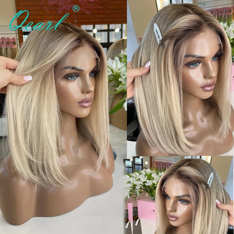 Qearl-Peluca de cabello humano liso con encaje Frontal, pelo liso HD con malla Frontal, ombré, marrón, rubio ceniza, 13x4, sin pegamento, prearrancado, Bob