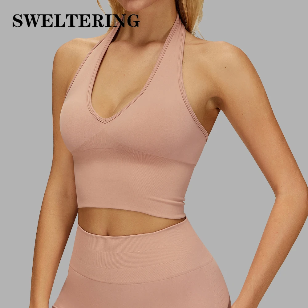 Bezešvá sportovní podprsenka SWELTERING Deep-V Jóga podprsenka pro ženy Fitness Crop Top Nárazuvzdorný strečový cvičební top Dámské sportovní spodní prádlo - náhled 2