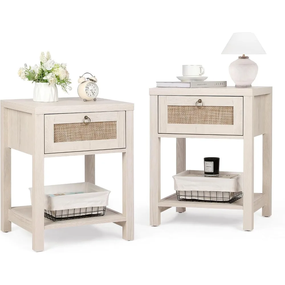 

Rattan Nightstand Set of 2 – Farmhouse Bedside Tables with Drawer & Open Shelf, Boho Chic Wooden End Tables for Bedroom,