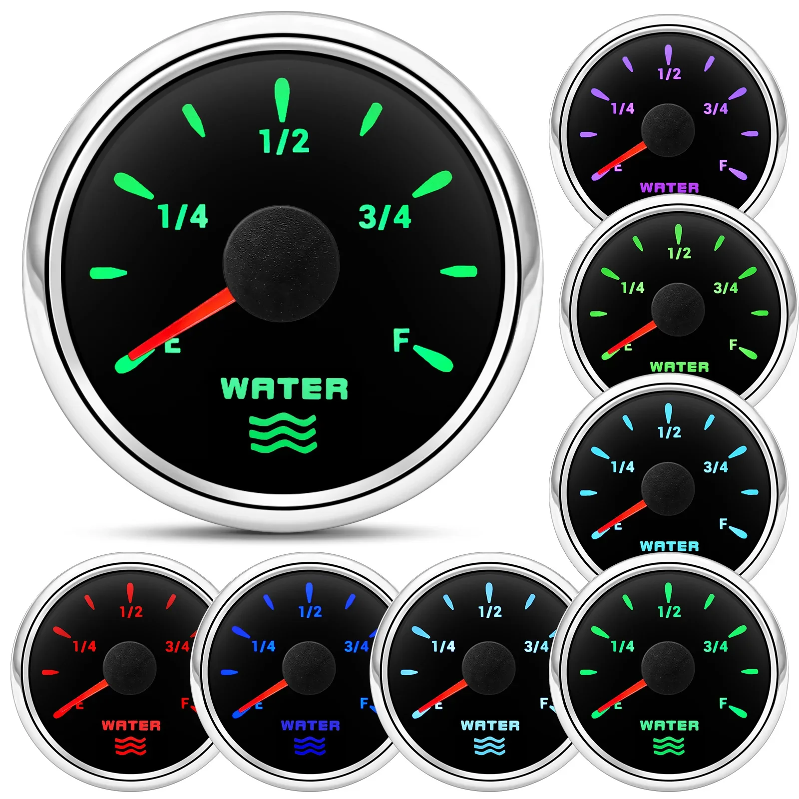 0-190 Ohm Water Level Sensor 52mm Water Level Gauge with 7 Color Backlight Water Tank Meter Indicator Gasoline Boat Car 12V 24V