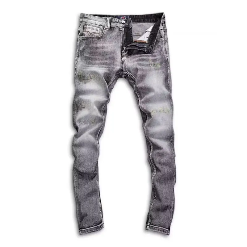 Jeans da uomo di moda di strada di alta qualità retrò grigio elasticizzato Slim Fit Jeans strappati da uomo ricami Designer pantaloni in Denim Vintage Homme