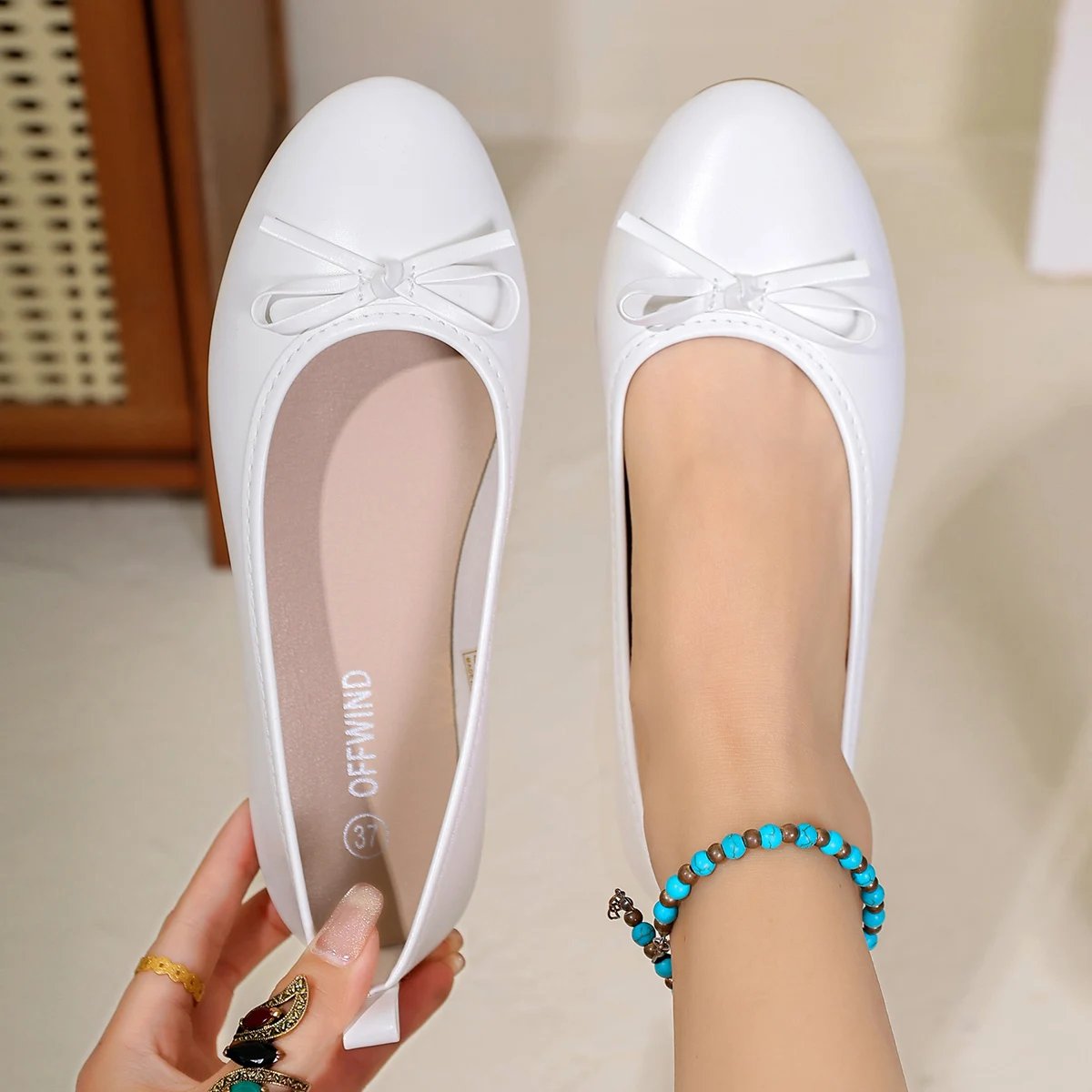 Women's Elegant White Ballet Flats Spring Summer New Versatile Low Top Comfort Soft Lightweight Bow Detail Slip On Work Shoes