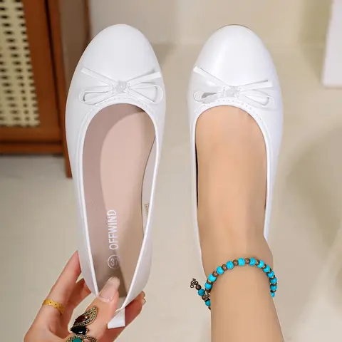 Women's Elegant White Ballet Flats Spring Summer New Versatile Low Top Comfort Soft Lightweight Bow Detail Slip On Work Shoes