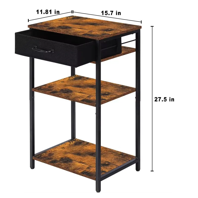 3-Tier Printer Stand with Storage - Compact Shelf with Fabric Drawer for Home/Office, Industrial End Table Design